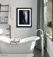 Charger l&#39;image dans la galerie, Ahhh, nice hot bath to relax as the man silhouetted in a doorway does.  That is the subject of a pastel drawing on black paper in this elegant bathroom mockup.
