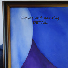 Load image into Gallery viewer, Detail of black wood frame with gold inner border showing the upper right corner of the original oil painting Legs in Purple and Blue 
