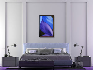 Purple and Blue legs are entwined in a sexy embrace in this vertical oil painting.  Shown here in a bedroom with a touch of purple in the home decor.  Fine art painting by Kelly Borsheim