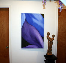 Load image into Gallery viewer, The canvas of Legs with Purple and Blue is gallery wrapped.  Thus framing is optional.  This image was taken years ago in the artist&#39;s studio, before framing, and shown with the bronze figure sculpture Together and Alone.
