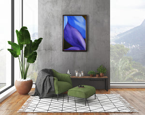 Statement art, yet simple eye catcher, romantic art of Legs in Purple on Blue, embracing in this loft living room elegant space.