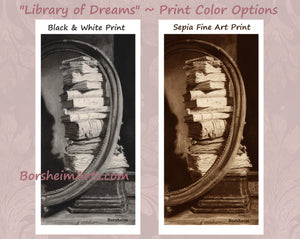 Comparison of Black & White vs. Sepia Fine Art Print Color Choices of Library of Dreams Tower of Old Books Stack of Books Fine Art Print Black and White or Sepia Art PRINT of Charcoal Drawing Pile of Books