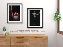 Cargar imagen en el visor de la galería, Paired framed pastel and charcoal drawings of Marrakesh and a female belly dancer... in a contemporary traveler&#39;s bedroom decor.
