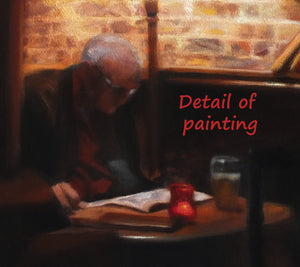 Detail of the dad or grandfather sitting alone reading with a small candle in a red holder next to a large glass of beer to keep him company, detail of soft lines and semi-blurry dreamlike quality of painting by Kelly Borsheim BorsheimArts