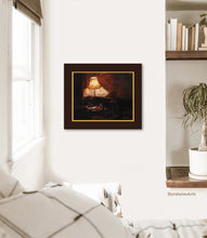 Load image into Gallery viewer, sample frame of gold inner liner with brown wood frame around print of London Pub.  Looks peaceful in this brown and white neutral tone boho bedroom scene. framed art on the wall
