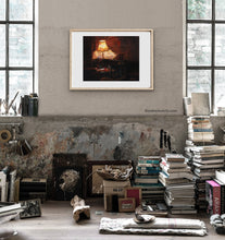 Load image into Gallery viewer, books... books everywhere in this loft room.  London Pub print is framed with wide white mat and light wood frame, creating a focal point in the room that focuses on the love of books.

