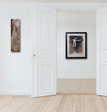 Charger l&#39;image dans la galerie, Statement art for those who love male nude artworks.  Here a Fortuny drawing copy male nude is the centerpiece.  In the outer room, we see hanging a long tall narrow oil painting in gallery wrap.
