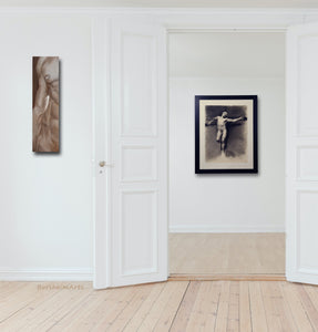 Statement art for those who love male nude artworks.  Here a Fortuny drawing copy male nude is the centerpiece.  In the outer room, we see hanging a long tall narrow oil painting in gallery wrap.