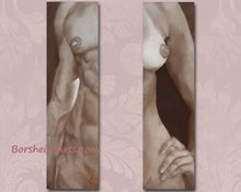Load image into Gallery viewer, pair of sepia oil paintings of tall narrow nude torsos, one female, one male ~ great romantic gift for art lovers tall narrow original oil paintings
