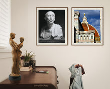 Laden Sie das Bild in den Galerie-Viewer, Bronze sculpture Together and Alone sits atop the desk in a home office, while a drawing print of charcoal and pastel drawing of Niccolo&#39; da Uzzano, businessman for the ruling Medici family of bankers, while beside that is a digital download photograph of the Duomo Cathedral in Florence, Italy.  Who would not be inspired?
