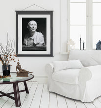 Cargar imagen en el visor de la galería, Classica portrait drawing of a Renaissance man, copy of the sculpture from 1432 attributed to sculptor Donatello in Florence, Italy.  Bronze Male nude figure Eric is seated elegantly on the coffee table.  Art by Kelly Borsheim
