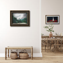 Laden Sie das Bild in den Galerie-Viewer, Olives and oil original framed painting hangs over the dining room in the background, while Cascasding Clouds Austria print hangs in the entryway. 
