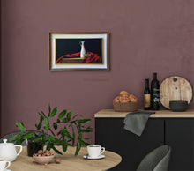 Load image into Gallery viewer, Olives and Oil is a framed original oil painting based on the Mediterranean Italian diet.  classic colors of red, white, and a touch of green shown in this Italian style kitchen and dining scene.
