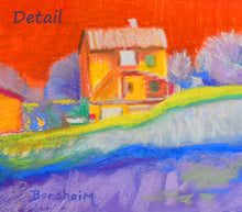 Cargar imagen en el visor de la galería, Detail of Orange Tuscan Hills pastel painting original, showing vibrant orange, a house in Tuscany, and blue and purple grasses and olive trees, art for sale, artcollector
