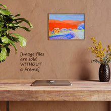 Load image into Gallery viewer, Framed without a mat (under glass) and a thing wood frame, the colors look great in this home office with light brown / tan colored walls and wood decor. 
