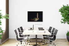 Load image into Gallery viewer, Palazzo Vecchio at Night, a pastel drawing on black paper inspired by the City Hall architecture in Florence, Italy, adds elegance to this office meeting room.
