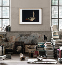 Load image into Gallery viewer, Add some elegance with Palazzo Vecchio at Night, a pastel drawing on black paper inspired by the City Hall architecture in Florence, Italy, shown in this room full of books.
