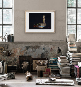 Add some elegance with Palazzo Vecchio at Night, a pastel drawing on black paper inspired by the City Hall architecture in Florence, Italy, shown in this room full of books.