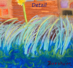 This detail of the pastel artwork on paper "Pampas Grass in Tuscany, Italy" shows the lower right corner, featuring the artist's signature Borsheim, as well as the many layers of color for the grasses 