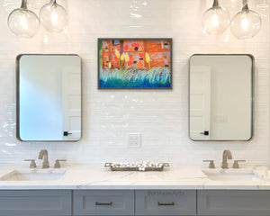 Here the pastel painting Pampas Grasses in Tuscany, Italy, would be framed behind glass to protect it from humidity of this his and her sink bathroom style.  Statement art grabs attention!  Color, yay!
