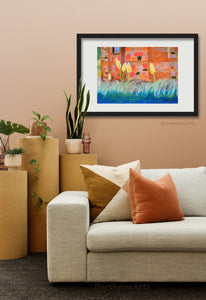 Here is another example of how you could frame this colorful pastel artwork on Italian paper.  White mat with a thin, classic simple black frame looks great in this warm-colored living room scene.  