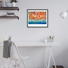Cargar imagen en el visor de la galería, Brighten your home office with pastel artwork.  Mostly orange and deep blues, with accents of yellow pampas grass flowers
