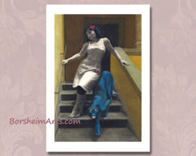 Load image into Gallery viewer, beautiful prints can be ordered of The Stairs of Love, woman with her spirit animal, a blue panther with yellow eyes.
