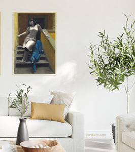 The warm Tuscan colors in a stairwell in Florence, Italy, help this figurative artwork look great in a room of clean neutrals, olive tree branches and golden couch pillows.