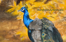 Load image into Gallery viewer, Painting Detail head of male peacock against yellow background
