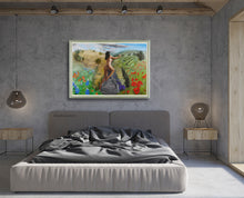 Laden Sie das Bild in den Galerie-Viewer, The colorful painting of the artist as Persephone brightens up this grey bedroom.  Large figurative and landscape painting that references Michelangelo as the narcissus of Persephone.
