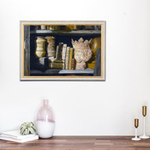 Laden Sie das Bild in den Galerie-Viewer, Sample living room art:  Queen of the Shelf Books Realism Original Still Life Oil Painting Framed on wall

