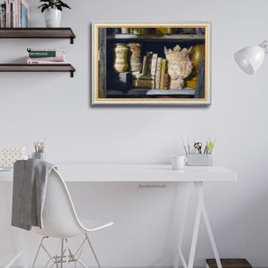 Sample Home Office art: Queen of the Shelf Books Realism Original Still Life Oil Painting Framed on wall