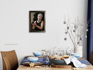 Reluctant Temptress gives a bit of sass and interest to this dining room niche in a lovely home decor.  Framed art portrait of a woman by artist Kelly Borsheim
