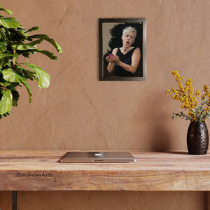 a lovely figure drawing in pastel of a singing woman carrying a red apple in her hands together, shown here framed and hanging in a home office area