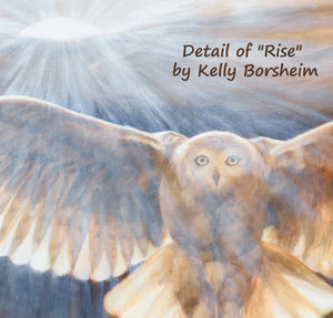 Detail of the oil painting Rise, to see the face and wing of the snowy owl, under the dawning sun.