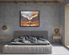 Load image into Gallery viewer, Rise, a painting about awakening looks great in this contemporary bedroom of concrete walls and wood beam ceiling. Spirit animal bird of prey ... Rise to the occasion
