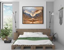 Laden Sie das Bild in den Galerie-Viewer, Gorgeous is this painting of a man rising into his spirit animal, a snowy own, bird of prey.  Shown here over the headboard of a contemporary bedroom in browns and greens.
