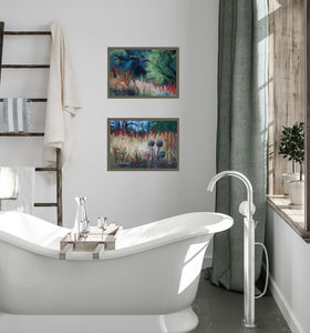 Pair of pastel landscapes are the perfect relaxing colors for this modern bathroom decor Grasses of Santa Margherita Ligure I Ligurian Landscape Painting Blue Pastel Painting Hiking Ligurian Coast near Portofino Italy