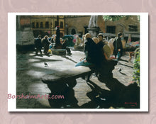 Cargar imagen en el visor de la galería, Your print of the charcoal and pastel drawing of Piazza Santo Spirito in Florence, Italy, will have a little more white border around the art than what you see here.  Free shipping for orders over $35 US.

