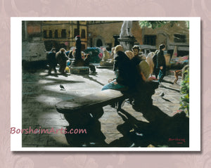 Your print of the charcoal and pastel drawing of Piazza Santo Spirito in Florence, Italy, will have a little more white border around the art than what you see here.  Free shipping for orders over $35 US.