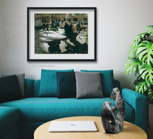 Load image into Gallery viewer, Love people watching?  This is a print of one of the most popular piazzas in Florence, Italy, Santo Spirito.  Shown here framed and matted on the wall above a teal couch with black and white accents.  Artist Kelly Borsheim also sculpted the stone sculpture inspired by manta rays on this coffee table, titled Encounter
