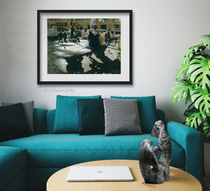 Love people watching?  This is a print of one of the most popular piazzas in Florence, Italy, Santo Spirito.  Shown here framed and matted on the wall above a teal couch with black and white accents.  Artist Kelly Borsheim also sculpted the stone sculpture inspired by manta rays on this coffee table, titled Encounter
