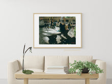 Laden Sie das Bild in den Galerie-Viewer, Add some personality and human contact in your white wall living room with this print of people hanging out in Piazza Santo Spirito in Florence, Italy.  The artist also created the bronze sculpture Cattails and Frog Legs displayed on the table.
