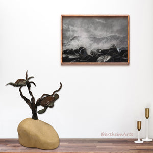 16 inch tall sculpture of Sea Turtles swimming in kelp enhances this counter space. Shown on the wall above it is a framed print of charcoal drawing Splash. Sculpture is a limited edition bronze and stone (each limestone base is hand carved). 3-d Art by Kelly Borsheim