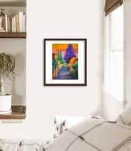 Load image into Gallery viewer, This boho bedroom scene shows an example of how you could frame the original pastel with white mat and thin brown wood frame.  Art by artist Kelly Borsheim

