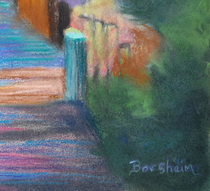 Detail of artist Borsheim's art signature in the lower right corner of this pastel art of an old road in Tuscany.