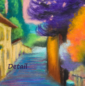 Detail of Settignano Purple Tree in Tuscany Italy shows the texture of the intense colors of the pastels and the details of overlapping hues in the Tuscan road