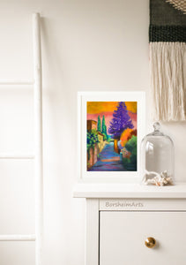 An example of framing the pastel on paper artwork Settignano Purple tree in Tuscany. Framed all in white, the colorful statement art looks great sitting on the dresser and leaning against the wall in this bedroom scene.