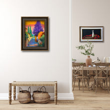 Cargar imagen en el visor de la galería, Mix colorful modern art painting in pastel with the next room containing a tradition oil still life painting in the dining room of olive oil.  It works with the similar theme of Tuscany, Italy.  Both paintings by artist Kelly Borsheim
