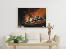 Charger l&#39;image dans la galerie, Bronze figure sculpture enhances this living room scene as she stands on the coffee table.  On the wall behind her, is a pastel drawing print of Fiesole Still Life, a hand-drawn painting of orange lit hearth area, a cozy image.
